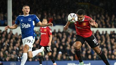 Casemiro heads the ball against Everton. AFP
