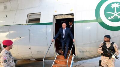 Yemeni President Abdurabu Mansour Hadi arriving at Aden airport from his Saudi exile, in the southern city of Aden, Yemen, last year. EPA