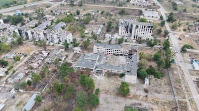 A drone view of destroyed buildings in Oleshky, Ukraine. Reuters