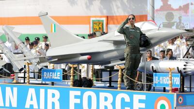 An Indian Air Force float with a model of a Rafale French fighter jet takes part in the Republic Day parade in Kolkata. Piyal Adhikary / EPA