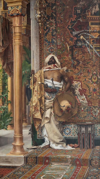 This romanticised portrayal of a palace guard is typical of Orientalism, which thrilled to the colours, patterns, and details of Middle Eastern art and design. The British Museum exhibition pairs this painting with examples of the blue, green, and yellow tiles behind the figure. By Antonio Maria Fabres y Costa (1887–89). Courtesy Islamic Arts Museum Malaysia