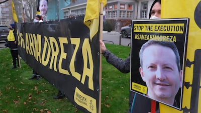 Amnesty International activists protest against the death sentence of Swedish-Iranian scientist Ahmadreza Djalali. EPA