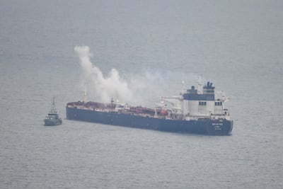 A UK border security vessel patrols near the detained Smyrtos tanker off the coast of England. Getty Images