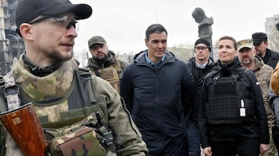 Spain's Prime Minister Pedro Sanchez and Denmark's Prime Minister Mette Frederiksen visiting Borodianka on April 21. AFP