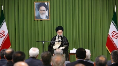 Iran's supreme leader Ayatollah Ali Khamenei speaks to Iranian ambassadors. The country is gradually expanding its influence across the Middle East, writes Faisal Al Yafai (EPA/SUPREME LEADER OFFICIAL WEBSITE)