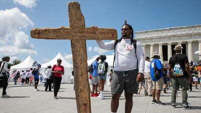 Demonstrators in Washington mark the 60th anniversary of the March on Washington for Jobs and Freedom organised by Martin Luther King Jr in 1963. Bloomberg