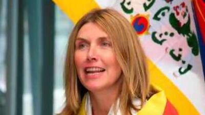 The Free Tibet protester Amanda 'Mandie' McKeown arrives at Heathrow Airport in London after being released from detention in Beijing.