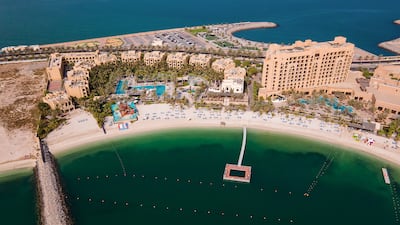 Aerial view of beach road and resorts of Al Marjan Island in Ras Al Khaimah. Getty