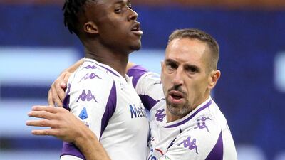 Fiorentina's Christian Kouame, left, celebrates with Franck Ribery after scoring the opening goal after just three minutes. EPA