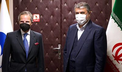 Mohammad Eslami (R) welcoming director general of the International Atomic Energy Agency, Rafael Grossi, in Tehran. EPA