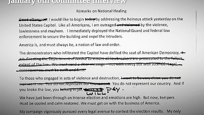 Outtakes from the January 7 speech showed Donald Trump refusing to admit the election was over and that he had lost. AP
