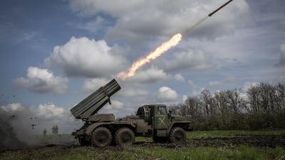 A grad missile is launched on the Donetsk fron tline in April 2023. Getty Images