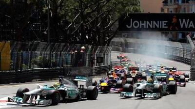 Mercedes' German driver Nico Rosberg leads after the start of the Monaco Grand Prix.