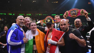 Katie Taylor and Amanda Serrano pose for photos following their fight at Madison Square Garden. AFP
