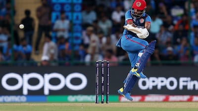 Afghanistan's Hashmatullah Shahidi hits a boundary. Reuters