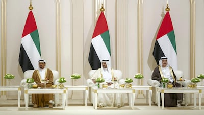(L-R) Sheikh Humaid bin Rashid, Ruler of Ajman, Sheikh Hamad bin Mohammed, Ruler of Fujairah, and Sheikh Saud bin Rashid, Ruler of Umm Al Quwain, attend the wedding reception at Dubai World Trade Centre. Abdullah Al Junaibi for Ministry of Presidential Affairs
