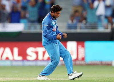 India's Kuldeep Yadav exults at taking his second wicket of the matrch. Chris Whiteoak / The National