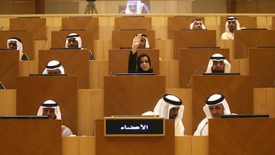 Dr Amal Al Qubaisi addresses an FNC session in May. Lee Hoagland / The National