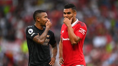 Gabriel Jesus of Arsenal interacts with his Brazil international teammate, Manchester United midfielder Casemiro. Getty Images