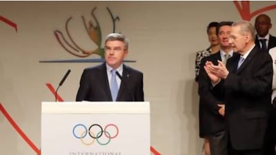Thomas Bach is announced as IOC president by the outgoing Jacques Rogge, right, on Tuesday. Ian Walton / Getty Images