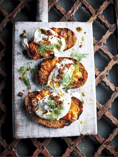 Burrata on sourdough, a recipe from 'Moorish: Vibrant Recipes from the Mediterranean'. Photo: Kris Kirkham
