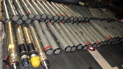 Some of the weapons seized by the US Navy from a dhow in the Arabian Sea on February 9, 2020. US Navy