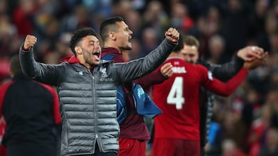 Liverpool players celebrate after the match. Getty