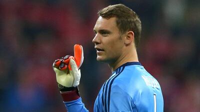 Manuel Neuer of Bayern Munich reacts during his team's Champions League win over Benfica on Tuesday night. Alexander Hassenstein / Bongarts / Getty Images / April 5, 2016