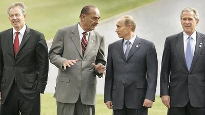 G8 summit leaders (left to right): Britain's Prime Minister Tony Blair, French President Jacques Chirac, Russia's President Vladimir Putin and US President George Bush pose for a group photograph on July 16, 2006 in St Petersburg, Russia. Getty Images