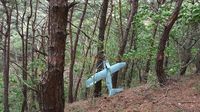 Photo from June 9, 2017 provided by South Korean defence ministry showing a suspected North Korean drone in a mountain in Inje, South Korea. South Korea's defence ministry said on June 13, 2017, the suspected North Korean drone was found to have taken photos of a US missile defence shield in the South. South Korean Defence ministry via AP