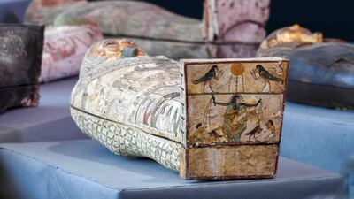 Wooden sarcophagi during the unveiling of an ancient treasure trove of more than a 100 intact coffins. AFP
