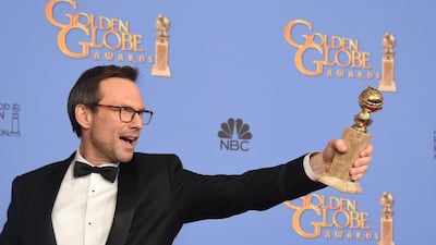 Actor Christian Slater poses in the press room with his award for Best Performance by an Actor in a Supporting Role in a Series, Limited Series or Motion Picture Made for Television for his role in Mr Robot, at the 73rd Annual Golden Globe Awards. Frederic J Brown / AFP photo