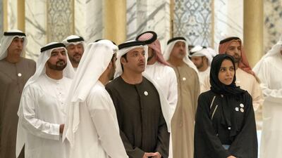 Sheikh Hazza bin Zayed attends the Qasr Al Watan opening ceremony with Maryam Al Mheiri, CEO of Media Zone Authority & and twofour54 and Sheikh Abdullah bin Salem Al Qasimi, Deputy Ruler of Sharjah and Jaber Al Suwaidi, General Director of the Crown Prince Court - Abu Dhabi.
