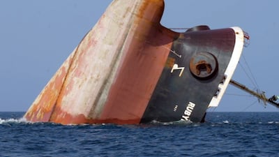 The British-registered cargo vessel Rubymar sinks in the Red Sea off the coast of Yemen. EPA / Yemeni Al-Joumhouriya TV