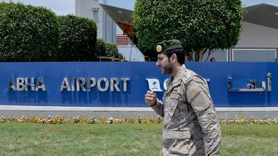 This file photo shows the welcoming sign at Abha Airport in the popular mountain resort of the same name in the southwest of Saudi Arabia on June 13, 2019. AFP