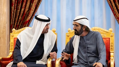 President Sheikh Mohamed offered condolences on the death of Sheikh Ahmed bin Rashid to Sheikh Mohammed bin Rashid, Vice President and Ruler of Dubai at the Zabeel Majlis. Photo: UAE Presidential Court