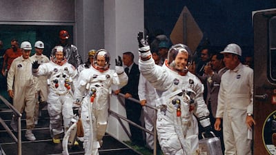 From right, Armstrong, Collins and Aldrin walk to the van that will take the crew to the launchpad at Kennedy Space Center on Merritt Island, Florida. AP Photo