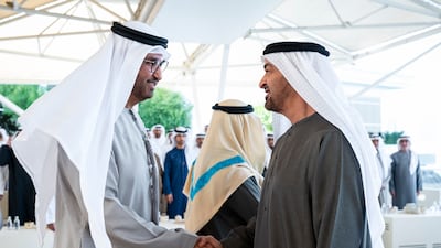 President Sheikh Mohamed greets Dr Sultan Al Jaber, Minister of Industry and Advanced Technology group chief executive of Adnoc and chairman of Masdar. UAE Presidential Court