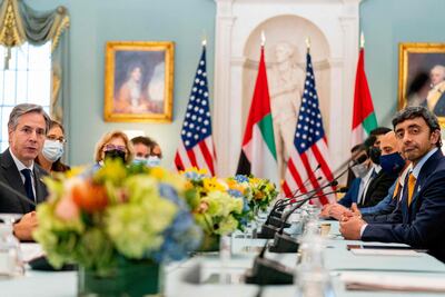 UAE Foreign Minister Sheikh Abdullah bin Zayed and US Secretary of State Antony Blinken during their bilateral meeting in Washington in October 2021. AP Photo