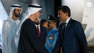 Sheikh Khaled bin Mohamed bin Zayed, Crown Prince of Abu Dhabi, was greeted by senior Indian officials. Abu Dhabi Media Office