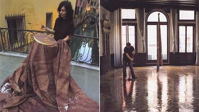 The work of Teresa Margolles: (left) Teresa embroiders a bloodstained sheet in the performance piece 'Narcomensajes'. (right) 'Limpieza', a performance piece in which a young man mops a floor with rags soiled with the debris of crime scenes