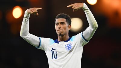 Jude Bellingham celebrates after scoring for England against Scotland in the friendly match at Hampden Park, Glasgow, on September 12, 2023. Getty