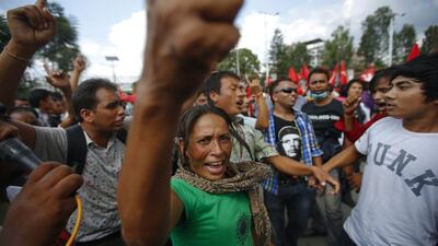 Former Maoist rebel caders in Nepal shout anti government slogan against the adopting of a new constitution in Kathmandu, Nepal on September 19, 2015. Narendra Shrestha/EPA