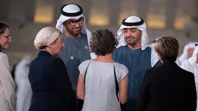 Sheikh Mohamed, pictured with Dr Sultan Al Jaber, Cop28 President-designate and Minister of Industry and Advanced Technology, meets delegates participating in the pre-Cop28 ministerial talks. Wam