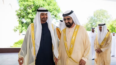 President Sheikh Mohamed receives Sheikh Mohammed bin Rashid, Vice President, Prime Minister and Ruler of Dubai, at an Eid Al Adha reception at Mushrif Palace. All photos: UAE Presidential Court