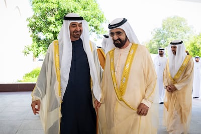 President Sheikh Mohamed receives Sheikh Mohammed bin Rashid, Vice President, Prime Minister and Ruler of Dubai, at an Eid Al Adha reception at Mushrif Palace in May. Photo: UAE Presidential Court