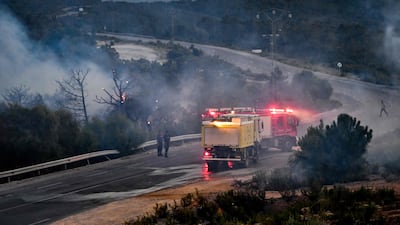 Firefighters try to extinguish a forest fire raging near the town of Melloula in northwestern Tunisia, close to the border with Algeria. AFP