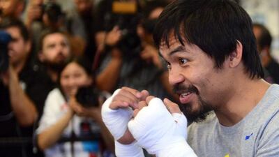 Manny Pacquiao shown on Wednesday at his pre-fight workout in Hollywood, Californai ahead of the May 2 superfight against Floyd Mayweather. Frederic J Brown / AFP / April 15, 2015