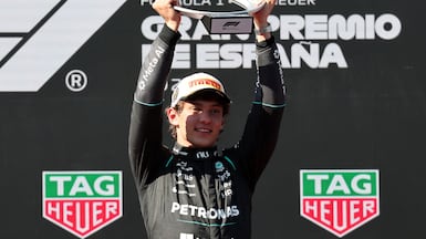Mercedes' Italian driver Kimi Antonelli celebrates winning the Spanish Grand Prix at the Madring circuit. AFP