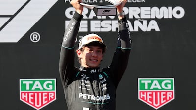 Mercedes' Italian driver Kimi Antonelli celebrates winning the Spanish Grand Prix at the Madring circuit. AFP